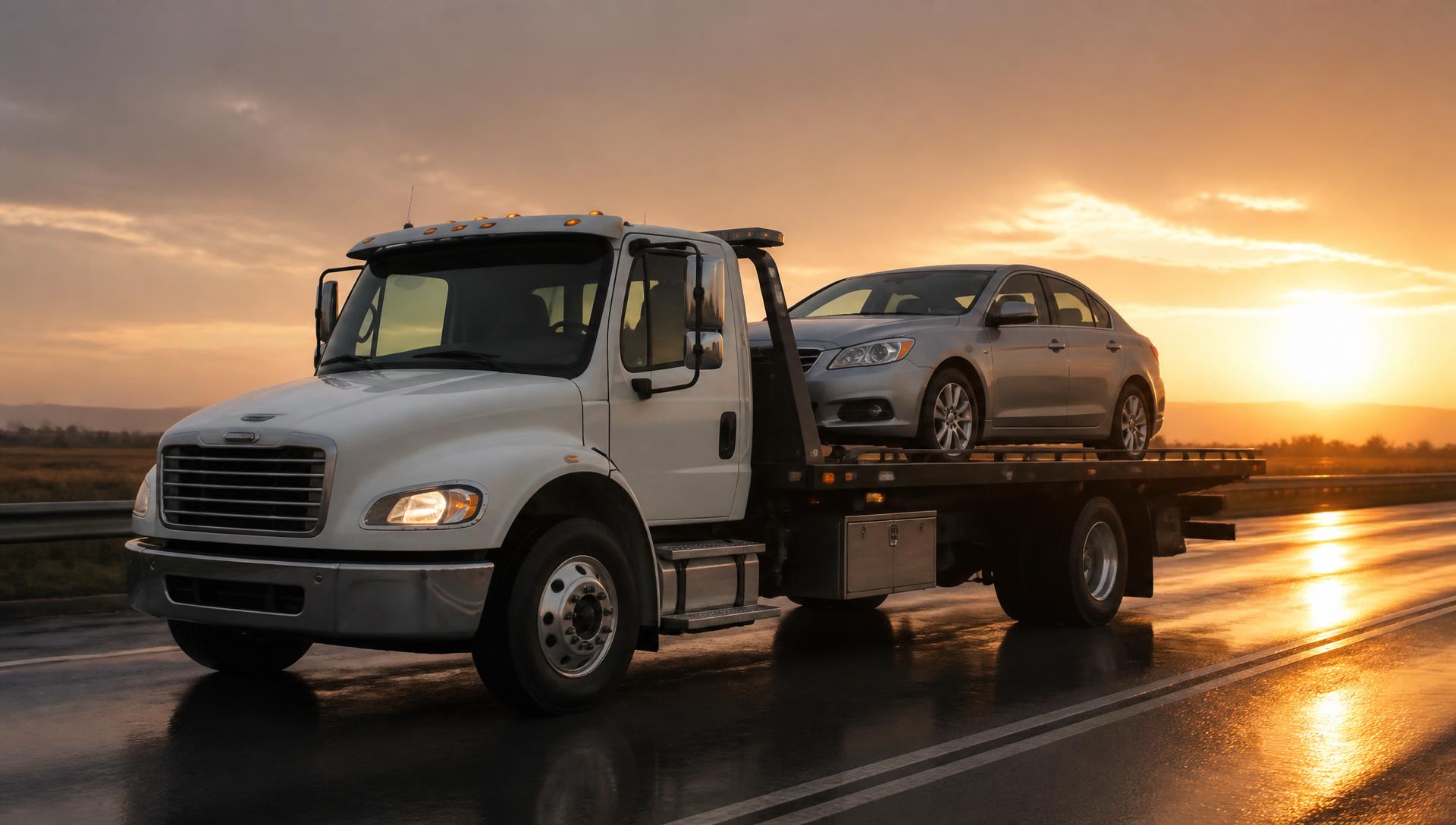 Pro's Towing flatbed tow truck carrying a car on a Central Valley highway at sunset